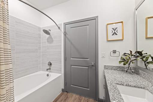 A bathroom with a white tub, grey door and a plant.