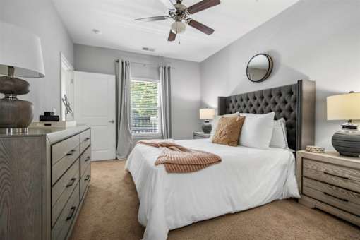 A bedroom with a large bed, a ceiling fan, and a dresser with a lamp on top.