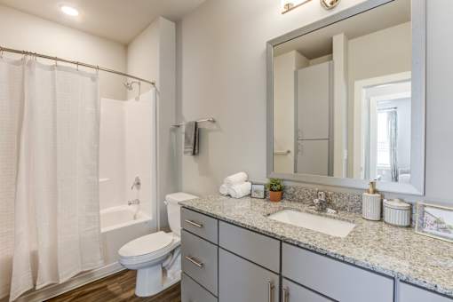 Modern Bathroom with Framed Mirror at Bellary Flats, Summerville, SC, South Carolina
