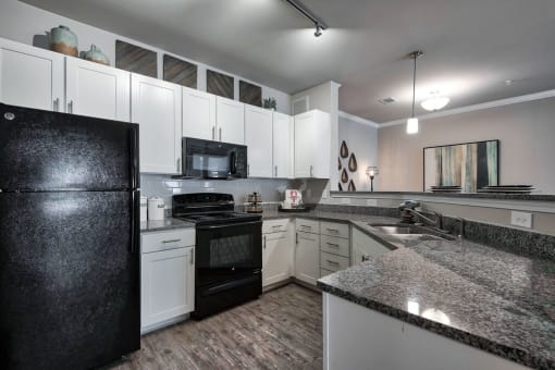 a kitchen with granite counter tops and black appliances at Sterling Creek, Georgia