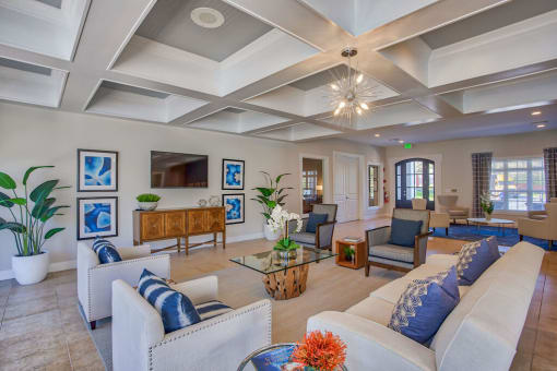 a living room with couches and chairs and a television at Spring Creek Apartments, Crestview, FL