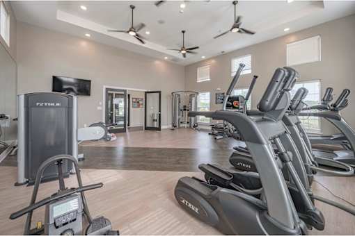 A spacious gym with treadmills, elliptical machines, and a television at Waterleaf at Neely Ferry Apartments, South Carolina 29680