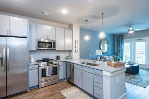 a kitchen with stainless steel appliances at Bellary Flats Apartments, South Carolina