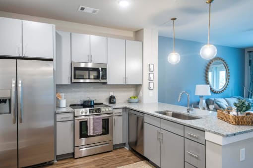a kitchen with steel appliances and a counter top at Bellary Flats Apartments, South Carolina