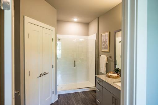 A bathroom with a walk in shower and a sink.