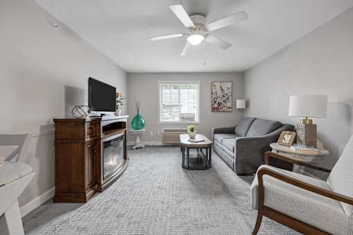 A living room with a grey carpet and furniture.
