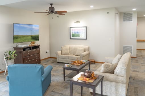 a living room with couches and chairs and a tv