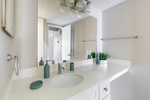 A bathroom with a white sink and green soap dish.
