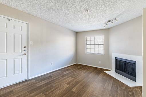 A room with a fireplace and a door.