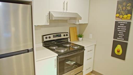 A modern kitchen with a stove, refrigerator, and a poster on the wall.