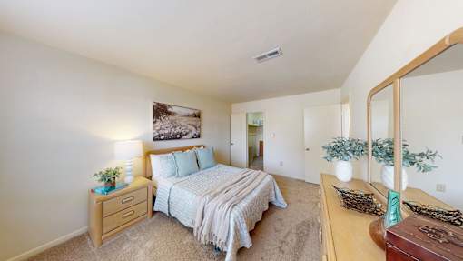 a bedroom with a large walk-in closet