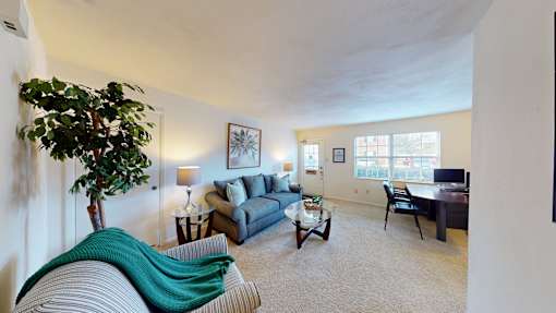 A living room with a couch, chair, and a potted plant.