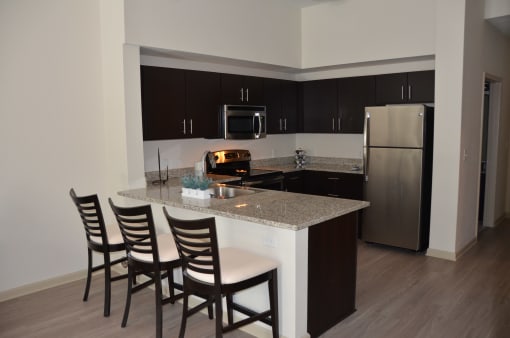 a kitchen with black cabinets and a granite counter top