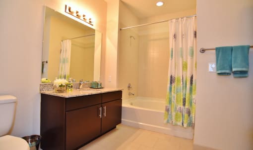 a bathroom with a shower and a sink and a mirror