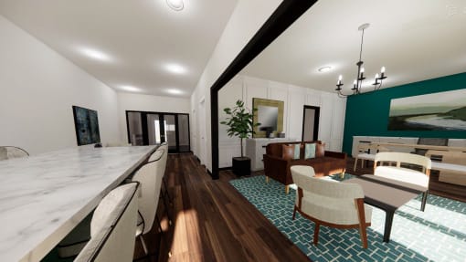 a rendering of a living room and dining room with a table and chairs