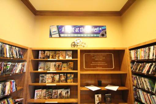 This is a picture of the dvd library in the resident clubhouse at Nantucket Apartments, in Loveland, OH.