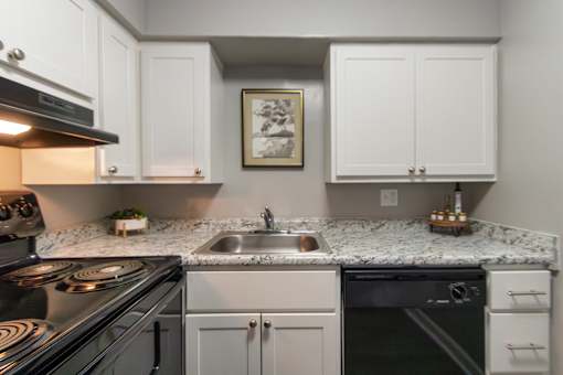 A kitchen with a black stove top oven, a black dishwasher, and a sink with a marble counter top in a 1 bedroom, 1 bath 560 square foot apartment at Aspen Village Apartments in the Westwood neighborhood of Cincinnati, OH.