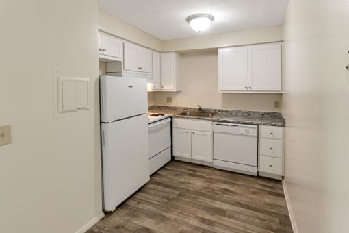 Kitchen With White Appliances at Aspen Village, Cincinnati, OH