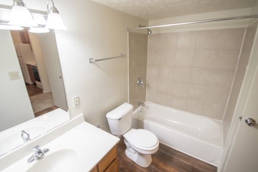 This is a photo of the bathroom in the 652 square foot, 1 bedroom, 1 bath A-style apartment at Blue Grass Manor Apartments in Erlanger, KY.