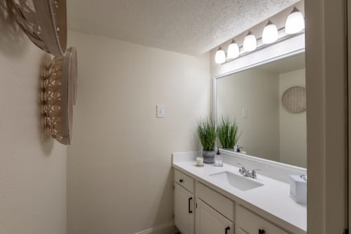 This is a photo of the bathroom vanity in a 692 square foot 1 bed, 1 bath model aprtment at Cambridge Court Apartments in Dallas Texas
