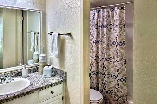 Bathroom vanity and tub/shower area in an Efficiency apartment at Cambridge Court Apartments in Dallas, Texas, featuring counter space, mirror, and shower curtain.