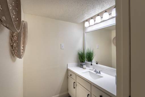 Bathroom vanity in a 1-bedroom apartment at Cambridge Court Apartments in Dallas, Texas, featuring a wide counter, double-sink vanity, mirror, and overhead lighting.