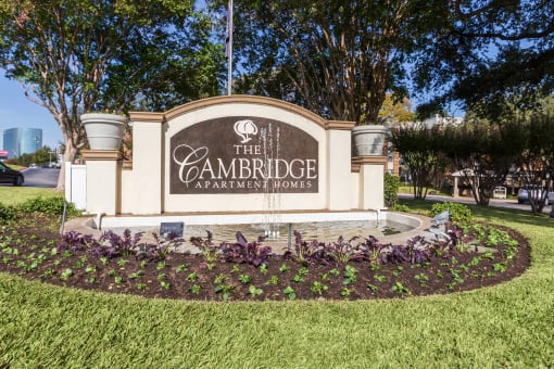 This is a photo of the entrance sign area at Cambridge Court Apartments in Dallas, TX.