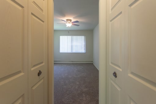 This is a photo of the closets in the bedroom hallway in the 631 square foot, B-style 1 bedroom floor plan at Colonial Ridge Apartments in the Pleasant Ridge neighborhood of Cincinnati, OH.
