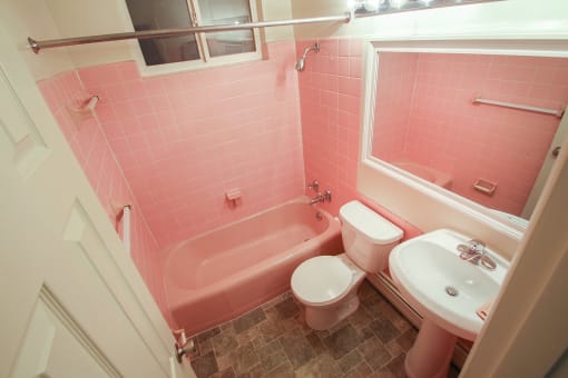 This is a photo of the bathroom in the 631 square foot 1 bedroom, 1 bath floor plan at Colonial Ridge Apartments in Cincinnati, OH.