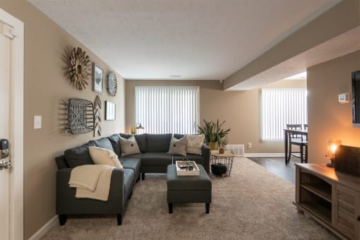 This is a photo of the living room in the upgraded 650 square foot, 1 bedroom, 1 bath model apartment at Deer Hill Apartments in Cincinnati, Ohio.