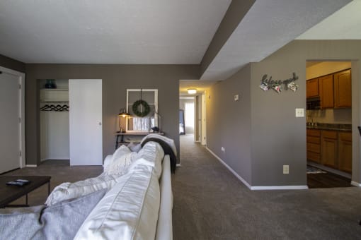 This is a photo of the living room in the 950 square foor, 2 bedroom apartment at Deer Hill Apartments in Cincinnati, OH.