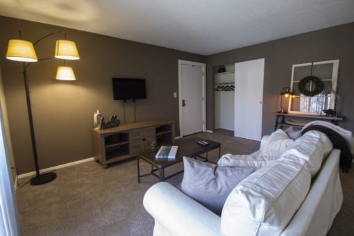 This is a photo of the living room in the 950 square foor, 2 bedroom apartment at Deer Hill Apartments in Cincinnati, OH.