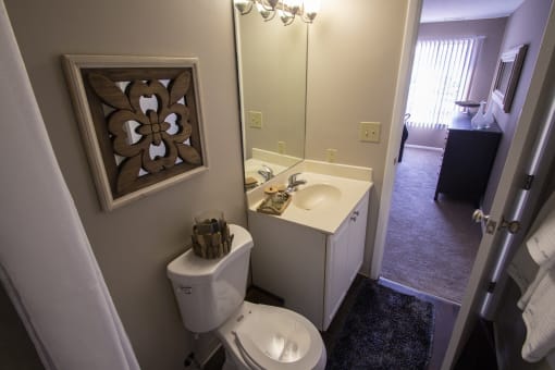 This is a photo of the primary bathroom in the 950 square foor, 2 bedroom apartment at Deer Hill Apartments in Cincinnati, OH.