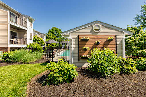 Landscaped grounds next to the pool at Deer Hill Apartments in the Mount Washington neighborhood of Cincinnati, OH.