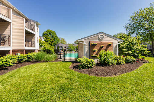 Landscaped grounds next to the pool at Deer Hill Apartments in the Mount Washington neighborhood of Cincinnati, OH.