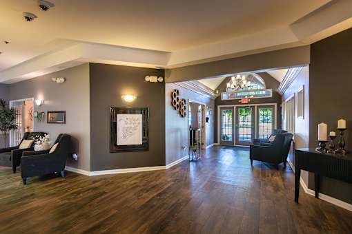 View of the hallway and leasing office in the resident clubhouse at Fairfield Pointe Apartments in Fairfield, Ohio.