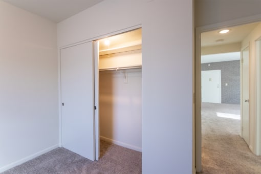 This is a photo the second bedroom closet of the 833 square foot Chestnut, 2 bedroom apartment at Montana Valley Apartments in Cincinnati, OH.