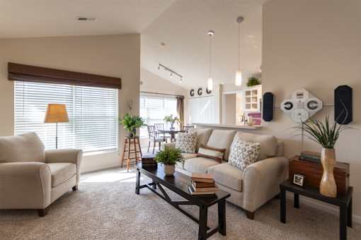 This is a photo of the living room in the 1016 square foot, 2 bedroom, 2 bath Nautica floor plan at Nantucket Apartments in Loveland, OH.
