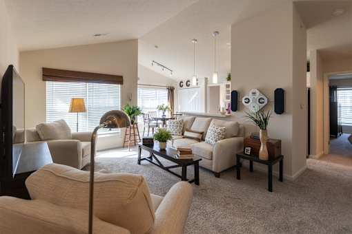 This is a photo of the living room in the 1016 square foot, 2 bedroom, 2 bath Nautica floor plan at Nantucket Apartments in Loveland, OH.