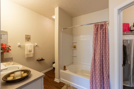This is a photo of the primary bathroom in the 2 bedroom, 2 bath Islander floor plan at Nantucket Apartments in Loveland, OH.