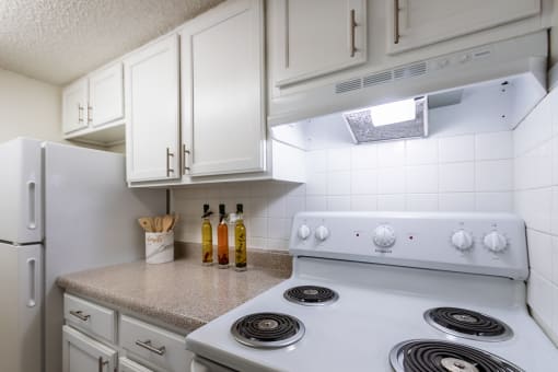 close-up of the stove and white cabinets at Princeton Court, Dallas, Texas