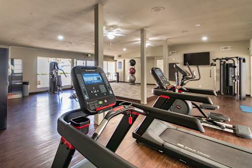 24-hour fitness center with a variety of equipment including treadmills, eliptical,and exercise balls at Princeton Court Apartments in the Vickery Midtown neighborhood of Dallas, TX.