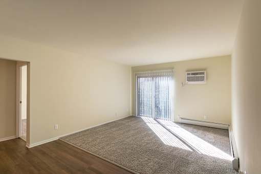 A sunlit room with a carpeted floor and a window with blinds.