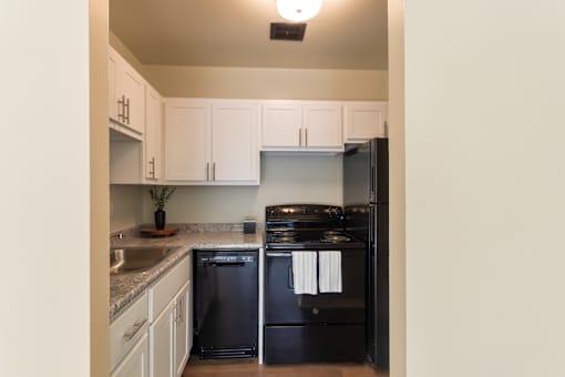 A kitchen with black appliances and white cabinets.