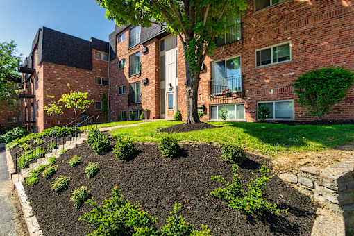 Apartment building exteriors at Romaine Court Apartments in the Oakley neighborhood of Cincinnati, Ohio.