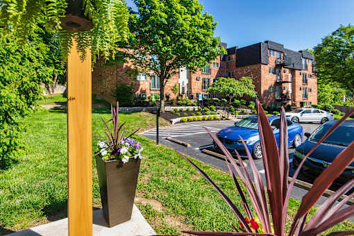 Apartment building exteriors from the pergola at Romaine Court Apartments in the Oakley neighborhood of Cincinnati, Ohio.