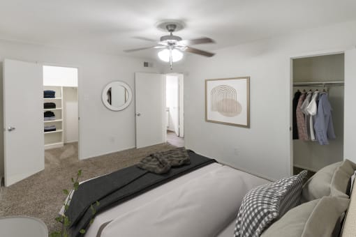This is a photo of the bedroom in the 640 square foot 1 bedroom apartment at The Summit at Midtown Apartments in Dallas, TX.