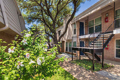 Walkway between apartment buildings with flowering hibiscus at Woodbridge Apartments in Midtown, Dallas, TX.