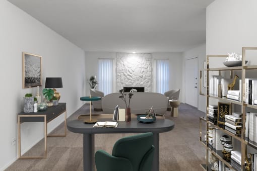 This is a photo of a virtually staged living room in the 751 square foot 1 bedroom, 1 bath apartment with fireplace at Woodbridge Apartments in Dallas, TX.