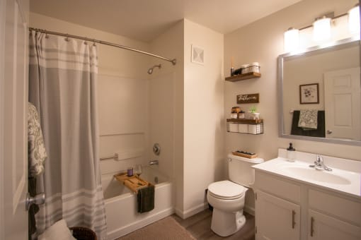 This is a photo of the bathroom of the 1100 square foot 2 bedroom Kettering floor plan at Washington Park Apartments in Centerville, OH.